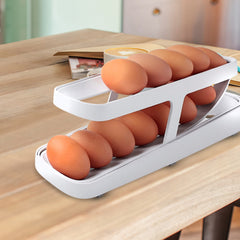 Rolling Egg Dispenser for Fridge – 2-Tier Egg Organizer Tray for Refrigerator Storage, Fits 12–14 Eggs – Space-Saving Gravity-Fed Egg Holder for Fridge Restocks