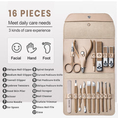 16-Piece Manicure Pedicure Grooming Kit – Stainless Steel Nail Care & Facial Tool Set with Portable Leather Travel Case for Men & Women