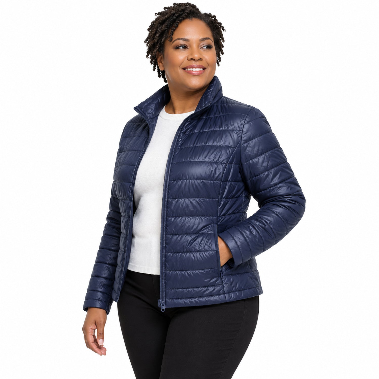 Women's Lightweight Puffer Jacket, Down-Blend Fill with Zip Pockets, 2XL