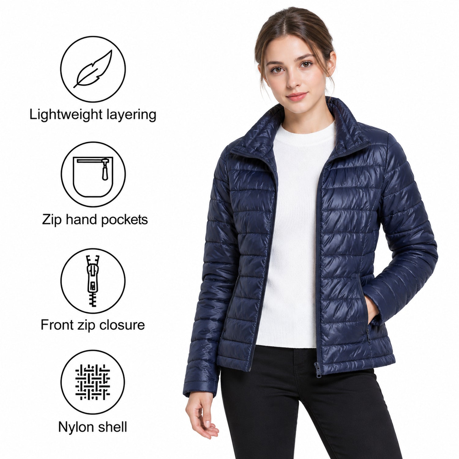 Women's Lightweight Puffer Jacket, Down-Blend Fill with Zip Pockets, 2XL