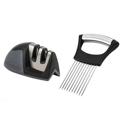 2-Pack Kitchen Knife Sharpener & Stainless Steel Veggie & Meat Slicer Holder – Non-Slip, Ultra Sharp, Easy to Clean