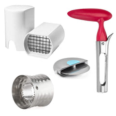 4-Piece Kitchen Gadget Set – Apple Corer, French Fry Cutter, Corn Peeling Ring & Pizza Cutter – Stainless Steel Blades, Dishwasher Safe