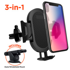 3-in-1 Phone Mount Kit – Vent, Dashboard & Windshield Mount with Silicone Cradle Grip, Swivel Ball, and 8-Inch Telescopic Suction Base – Black