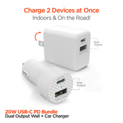 20W USB-C Power Delivery Charger Bundle – Fast Wall Charger & Fast Car Charger Set with USB-C PD and USB-A Ports for iPhone, Samsung, iPad & Android Devices