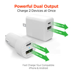 20W USB-C Power Delivery Charger Bundle – Fast Wall Charger & Fast Car Charger Set with USB-C PD and USB-A Ports for iPhone, Samsung, iPad & Android Devices