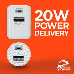 20W USB-C Power Delivery Charger Bundle – Fast Wall Charger & Fast Car Charger Set with USB-C PD and USB-A Ports for iPhone, Samsung, iPad & Android Devices
