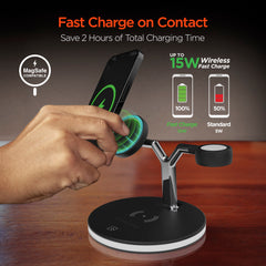 MaxCharge 3-in-1 Magnetic Wireless Charging Stand – MagSafe-Compatible 15W Fast Charger for iPhone, AirPods Charging Pad & Apple Watch Charger Mount with LED Touch Control | Black