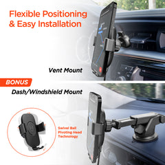 15W Wireless Car Charger Phone Mount – Gravity Auto-Clamping Fast Charging Mount for Vent, Dashboard & Windshield, 360° Adjustable Holder for iPhone, Samsung Galaxy, Pixel & More | Black