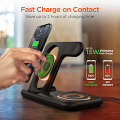 4-in-1 Foldable Wireless Charging Station with 15W Fast Charging – Wireless Charger Stand for iPhone, Apple Watch, AirPods & USB Devices – Portable Travel Charging Dock with LED Lights