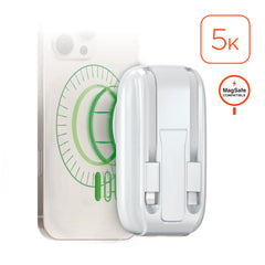 5,000mAh Magnetic Wireless Power Bank – MagSafe-Compatible 15W Fast Charging Portable Charger with Built-In USB-C & Lightning Cables, Kickstand and 20W USB-C PD | White