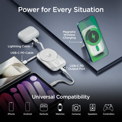 Mag Grip Go 5,000mAh Magnetic Wireless Power Bank – MagSafe-Compatible 15W Fast Charging Portable Charger with Built-In USB-C & Lightning Cables, Kickstand and 20W USB-C PD | White
