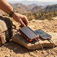 Solar Power Bank 10000mAh – 20W USB-C PD Fast Charging Portable Charger with Solar Panel, Flashlight, Compass, IPX5 Water Resistance & 3-Device Charging | Black & Orange
