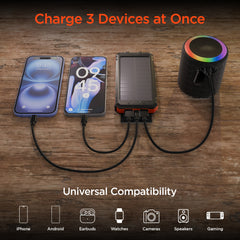 Solar Power Bank 10000mAh – 20W USB-C PD Fast Charging Portable Charger with Solar Panel, Flashlight, Compass, IPX5 Water Resistance & 3-Device Charging | Black & Orange