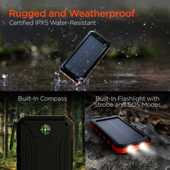 Solar Power Bank 10000mAh – 20W USB-C PD Fast Charging Portable Charger with Solar Panel, Flashlight, Compass, IPX5 Water Resistance & 3-Device Charging | Black & Orange