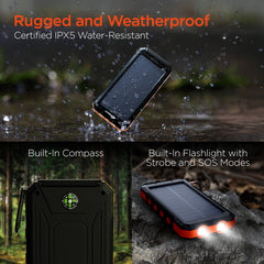 10K Solar Power Bank 10000mAh – 20W USB-C PD Fast Charging Portable Charger with Solar Panel, Flashlight, Compass, IPX5 Water Resistance & 3-Device Charging | Black & Orange