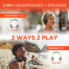 Flip 2-in-1 Wireless Bluetooth Headphones & Portable Speaker – Over-Ear Headphones with HD Stereo Sound, Built-In Speaker Mode, Memory Foam Ear Cushions, FM Radio & 10-Hour Battery Life | Black