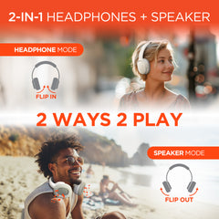 Flip 2-in-1 Wireless Bluetooth Headphones & Portable Speaker – Over-Ear Headphones with HD Stereo Sound, Built-In Speaker Mode, Memory Foam Ear Cushions, FM Radio & 10-Hour Battery Life | White