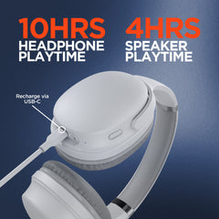 2-in-1 Wireless Bluetooth Headphones & Portable Speaker – Over-Ear Headphones with HD Stereo Sound, Built-In Speaker Mode, Memory Foam Ear Cushions, FM Radio & 10-Hour Battery Life | White