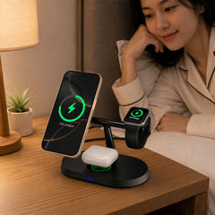 3-in-1 Magnetic Wireless Charging Stand – MagSafe-Compatible 15W Fast Charger for iPhone, Apple Watch & AirPods with Magnetic Alignment and StandBy Mode Support | Black