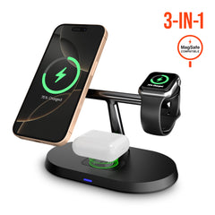 3-in-1 Magnetic Wireless Charging Stand – MagSafe-Compatible 15W Fast Charger for iPhone, Apple Watch & AirPods with Magnetic Alignment and StandBy Mode Support | Black