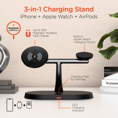 3-in-1 Magnetic Wireless Charging Stand – MagSafe-Compatible 15W Fast Charger for iPhone, Apple Watch & AirPods with Magnetic Alignment and StandBy Mode Support | Black