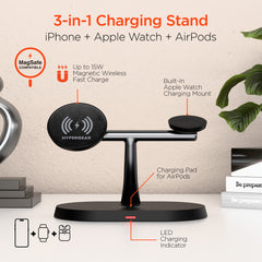 MaxCharge Pro 3-in-1 Magnetic Wireless Charging Stand – MagSafe-Compatible 15W Fast Charger for iPhone, Apple Watch & AirPods with Magnetic Alignment and StandBy Mode Support | Black
