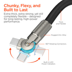 100W USB-C to USB-C Fast Charging Cable – 6ft Rugged Braided Cable with Dual 180° Rotating Connectors, LED Indicators & PD Fast Charge for iPhone 15/16, Samsung, iPad, MacBook & More
