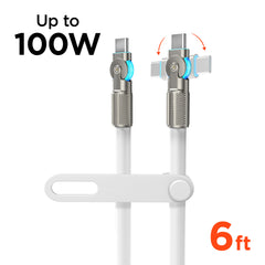 100W USB-C to USB-C Fast Charging Cable – 6ft Rugged Braided Cable with Dual 180° Rotating Connectors, LED Indicators & PD Fast Charge for iPhone 15/16, Samsung, iPad, MacBook & More | White