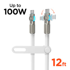 100W USB-C to USB-C Fast Charging Cable – 12ft Rugged Braided Cable with Dual 180° Rotating Connectors, LED Indicators & PD Fast Charge for iPhone 15/16, Samsung, iPad, MacBook & More | White