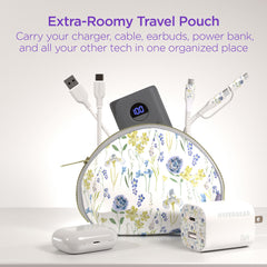 30W USB-C Fast Charging Kit with Travel Pouch – GaN Wall Charger, 6ft USB-C to USB-C & Lightning Cable, Floral Tech Organizer Set for iPhone, Samsung, iPad & More