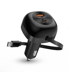 3-in-1 Fast Car Charger with Retractable USB-C Cable – 60W USB-C PD Car Charger with Dual USB-C & USB-A Ports – Fast Charging Adapter for iPhone, Android, Tablets & Laptops
