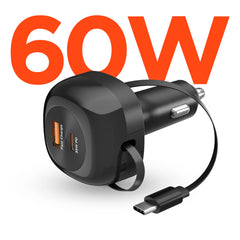 3-in-1 Fast Car Charger with Retractable USB-C Cable – 60W USB-C PD Car Charger with Dual USB-C & USB-A Ports – Fast Charging Adapter for iPhone, Android, Tablets & Laptops