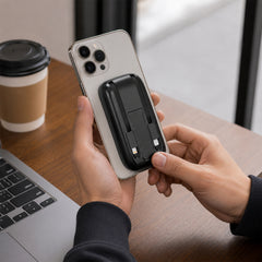 5,000mAh Magnetic Wireless Power Bank – MagSafe-Compatible 15W Fast Charging Portable Charger with Built-In USB-C & Lightning Cables, 20W USB-C PD and Foldable Kickstand | Black