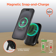 Mag Grip Go 5,000mAh Magnetic Wireless Power Bank – MagSafe-Compatible 15W Fast Charging Portable Charger with Built-In USB-C & Lightning Cables, 20W USB-C PD and Foldable Kickstand | Black