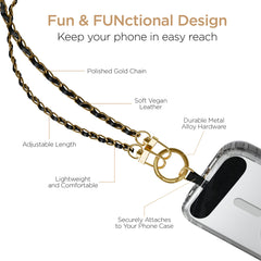 Crossbody Phone Strap – Gold Chain & Black Vegan Leather Phone Lanyard – Adjustable Hands-Free Phone Holder for iPhone, Samsung Galaxy, Pixel & Most Phone Cases