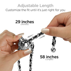 Universal Crossbody Phone Strap – Silver Chain & Black Vegan Leather Phone Lanyard – Adjustable Hands-Free Phone Holder for iPhone, Samsung Galaxy, Pixel & Most Phone Cases