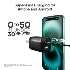30W USB-C Fast Charging Kit with Travel Pouch – GaN Wall Charger, 6ft USB-C to USB-C & Lightning Cable, Carbon Fiber Tech Organizer Set for iPhone, Samsung, iPad & More