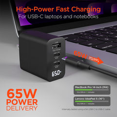 65W GaN USB-C Wall Charger with Digital Display – Dual USB-C PD PPS & USB-A Fast Charging Adapter – 3-Port Laptop Charger for MacBook, iPhone, Samsung, iPad & More