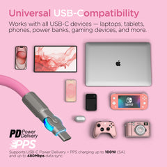 100W USB-C to USB-C Fast Charging Cable – 6ft Rugged Braided Cable with Dual 180° Rotating Connectors, LED Indicators & PD Fast Charge for iPhone 15/16, Samsung, iPad, MacBook & More | Pink