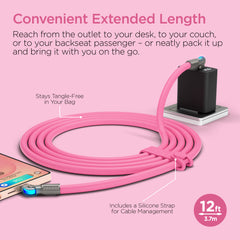 100W USB-C to USB-C Fast Charging Cable – 12ft Rugged Braided Cable with Dual 180° Rotating Connectors, LED Indicators & PD Fast Charge for iPhone 15/16, Samsung, iPad, MacBook & More | Pink