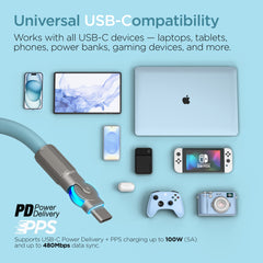 100W USB-C to USB-C Fast Charging Cable – 6ft Rugged Braided Cable with Dual 180° Rotating Connectors, LED Indicators & PD Fast Charge for iPhone 15/16, Samsung, iPad, MacBook & More | Sky Blue