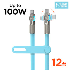 100W USB-C to USB-C Fast Charging Cable – 12ft Rugged Braided Cable with Dual 180° Rotating Connectors, LED Indicators & PD Fast Charge for iPhone 15/16, Samsung, iPad, MacBook & More | Sky Blue
