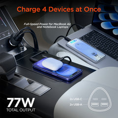 77W Quad-Port Fast Car Charger – Dual 30W USB-C PD PPS & Dual USB-A Ports – 4 Device Fast Charging Adapter for iPhone, Samsung, Android, Tablets & Laptops