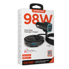 98W 5-Port Fast Car Charger with Backseat Charging Hub – Dual 30W USB-C PD PPS & USB-A Ports – Multi-Device Car Charger for iPhone, Android, Tablets & Laptops