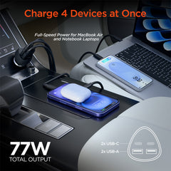 77W Quad-Port Fast Car Charger with 4ft USB-C Cable – Dual 30W USB-C PD PPS & Dual USB-A Ports – 4 Device Fast Charging Adapter for iPhone, Samsung, Android, Tablets & Laptops