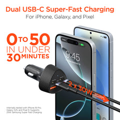 77W Quad-Port Fast Car Charger with 4ft USB-C Cable – Dual 30W USB-C PD PPS & Dual USB-A Ports – 4 Device Fast Charging Adapter for iPhone, Samsung, Android, Tablets & Laptops