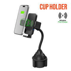 15W Wireless Car Charger Phone Mount – Cup Holder Phone Holder with Fast Wireless Charging, Flexible Gooseneck, One-Hand Operation & 360° Rotation for iPhone & Android | Black