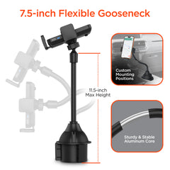 15W Wireless Car Charger Phone Mount – Cup Holder Phone Holder with Fast Wireless Charging, Flexible Gooseneck, One-Hand Operation & 360° Rotation for iPhone & Android | Black
