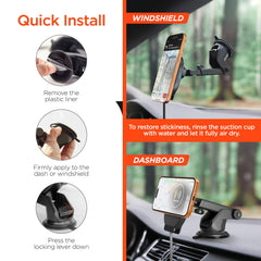 Mag Grip Magnetic Wireless Car Phone Mount – MagSafe-Compatible 15W Fast Charging Mount with Retractable USB-C Cable, Vent, Dashboard & Windshield Mount Kit | Black