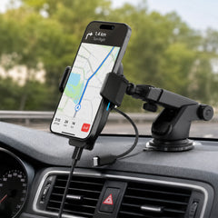 Magnetic Wireless Car Phone Mount – MagSafe-Compatible 15W Fast Charging Mount with Retractable USB-C Cable, Vent, Dashboard & Windshield Mount Kit | Black